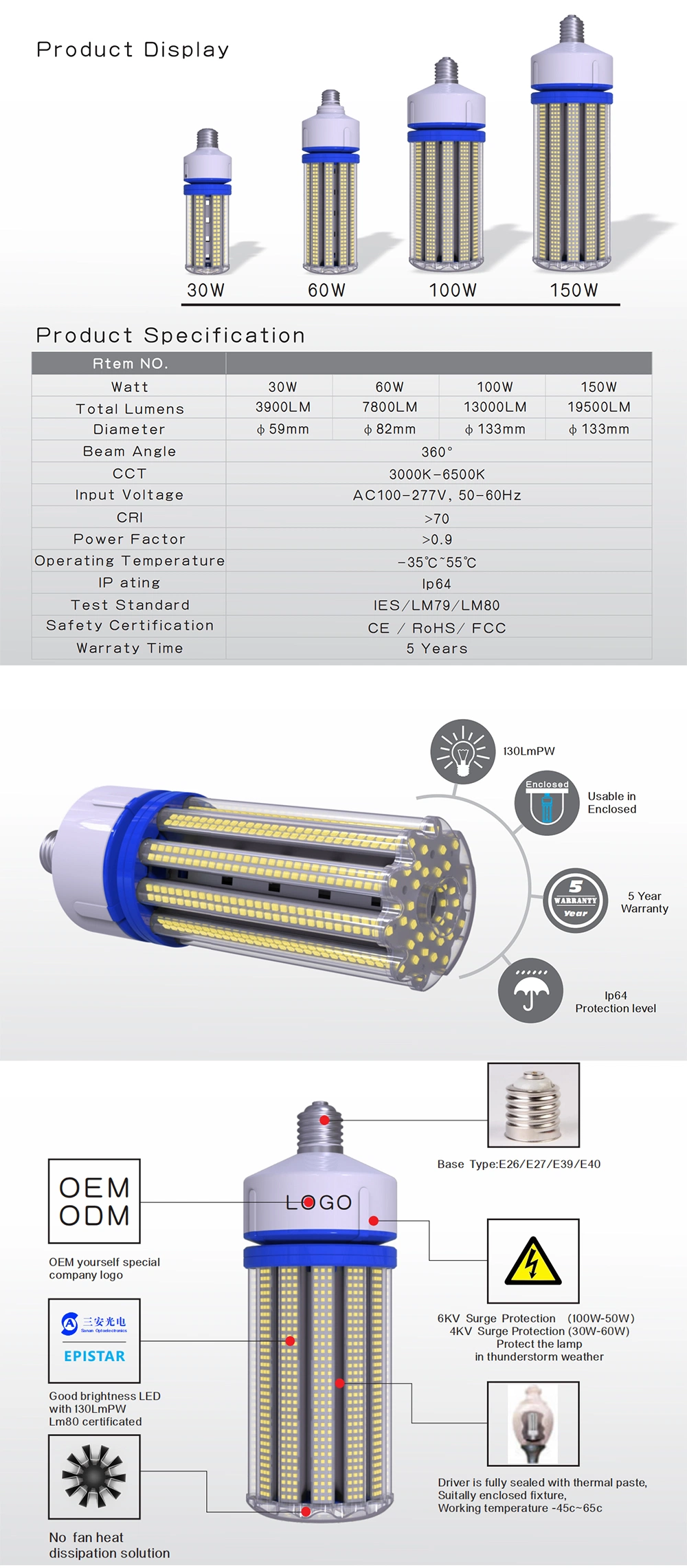 Cost Effective High Lumen E27 E26 E39 E40 LED Corn Light Bulb